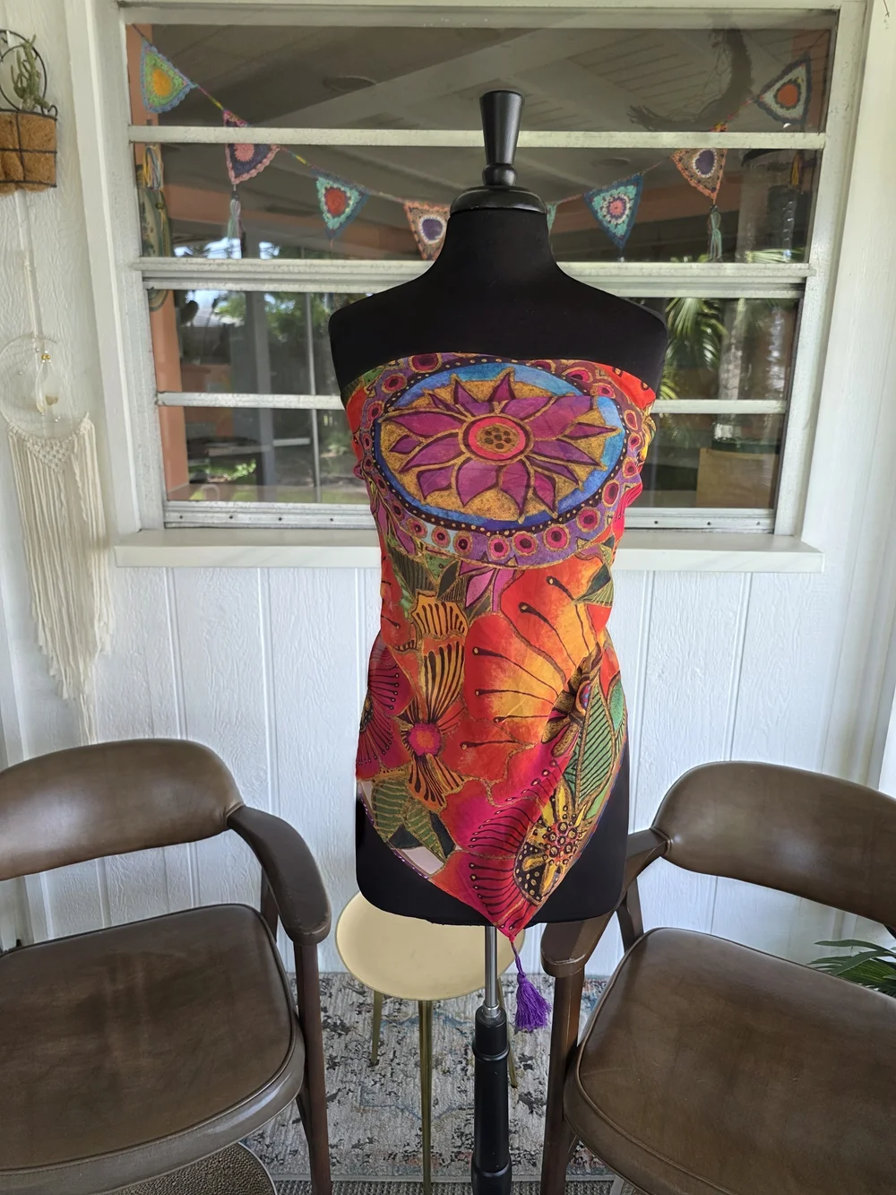 Laurel Burch Mandala Sheer Scarf Orange, Purple & Pink Floral Tassel Scarf